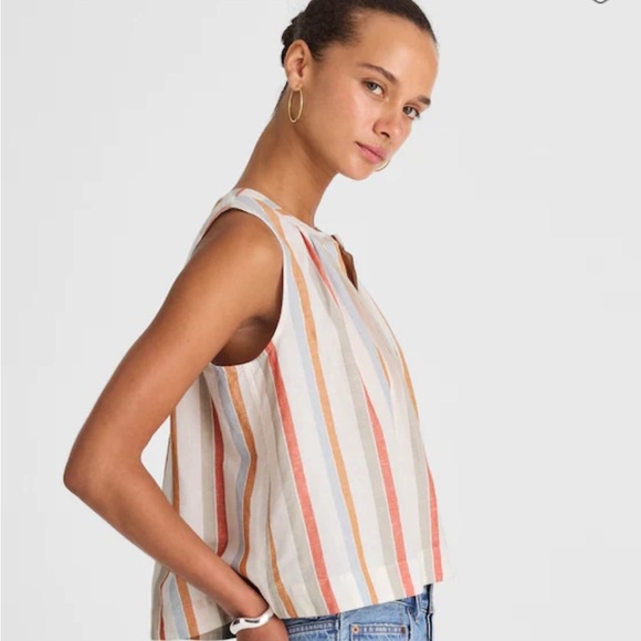 Madewell Button-Front Tank in Linen-Cotton brown Red Blue Stripe - Picture 3 of 6